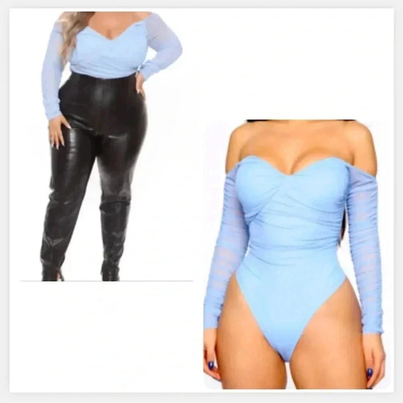 Fashion Nova Tops - FASHION NOVA HOT MESH BODY SUIT BLUE CLEAR STRAPS  COLD SHOULDER SIZE XL NWT
